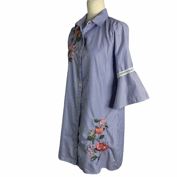 Embroidered Tunic Shirt Dress S Blue Striped Floral Button Down Bell Sleeves - Picture 4 of 8